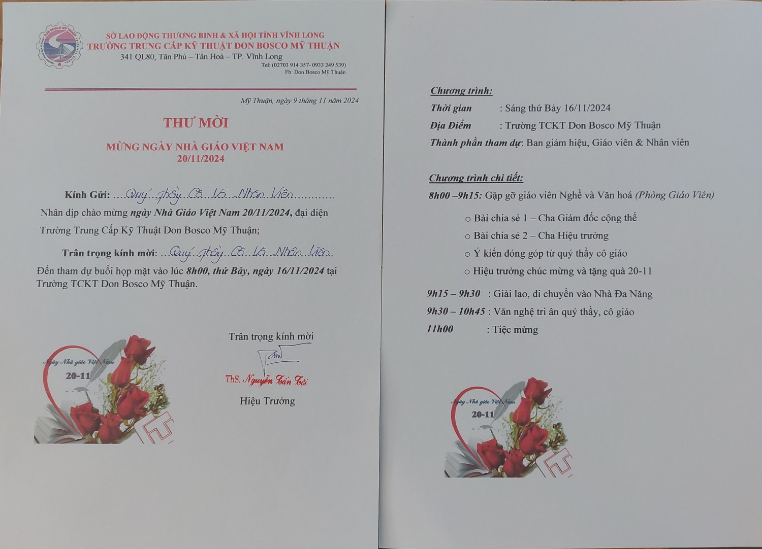 THƯ MỜI LỄ MỪNG NGÀY NHÀ GIÁO VN 20/11/2024