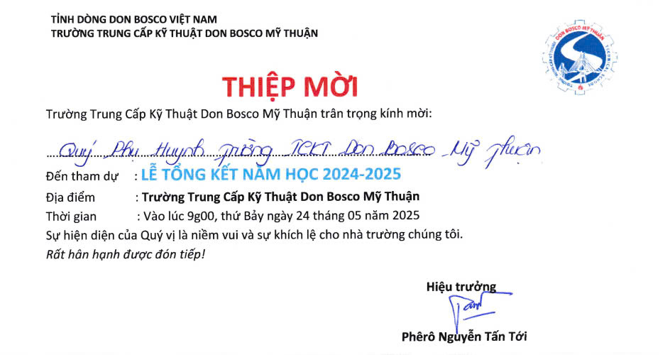 Trường TCKT Don Bosco Mỹ Thuận xin thông báo đến Quý Phụ Huynh.  Về chương trình lễ tổng kết năm học 2024 - 2025.
